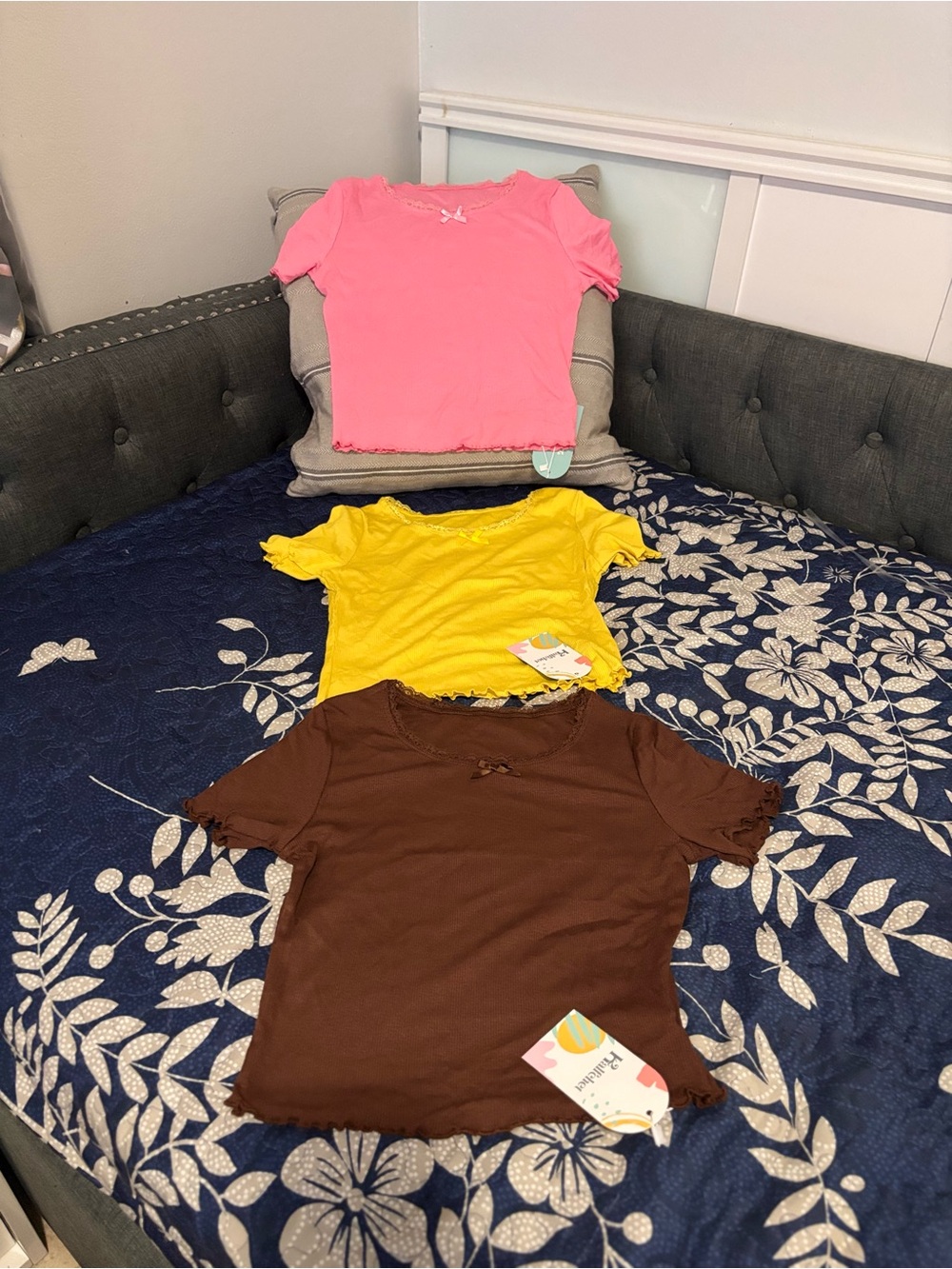 Girls Short Sleeve Ribbed Tee Trio - Pink, Yellow & Brown